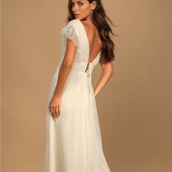 NWT Lulus Yours Evermore Cream Swiss Dot Ruffled Midi Dress - Picture 3 of 11